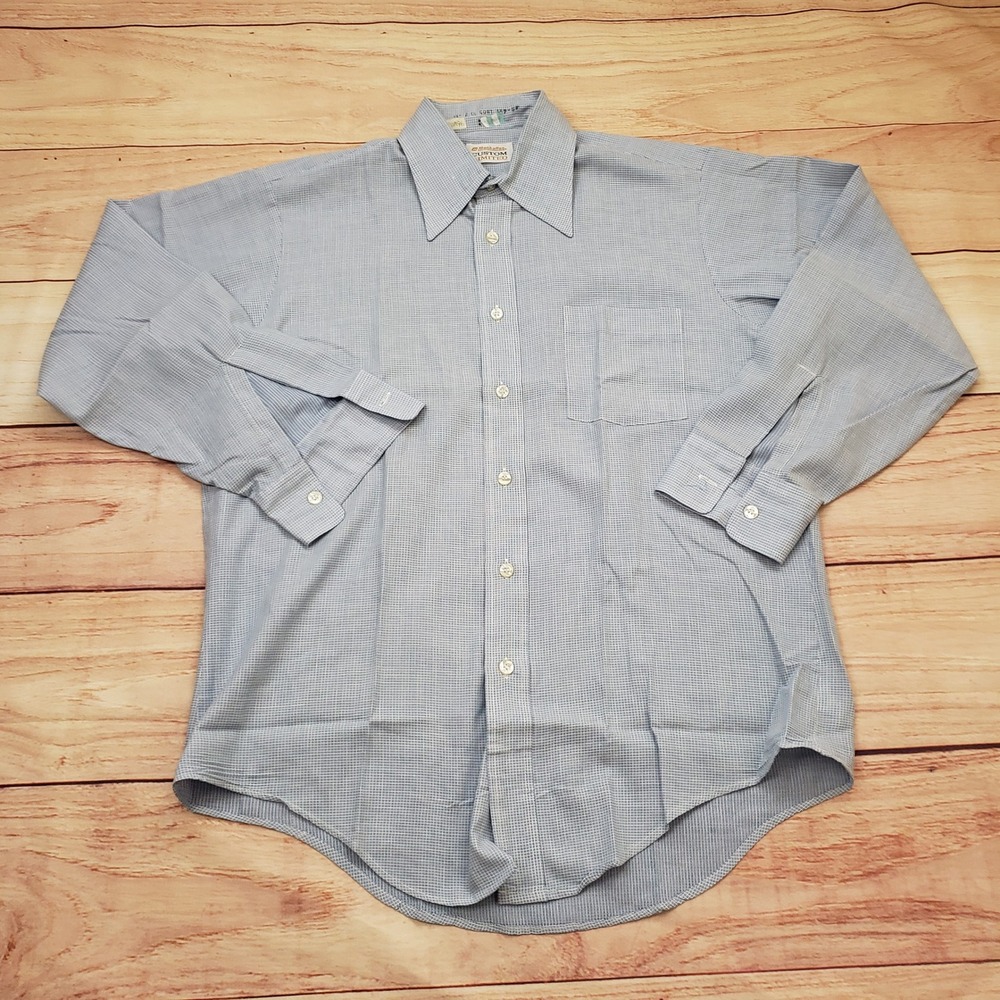 Vintage Manhattan Custom Limited Shirt Mens 15.5 32 Blue Micro Check Button Up